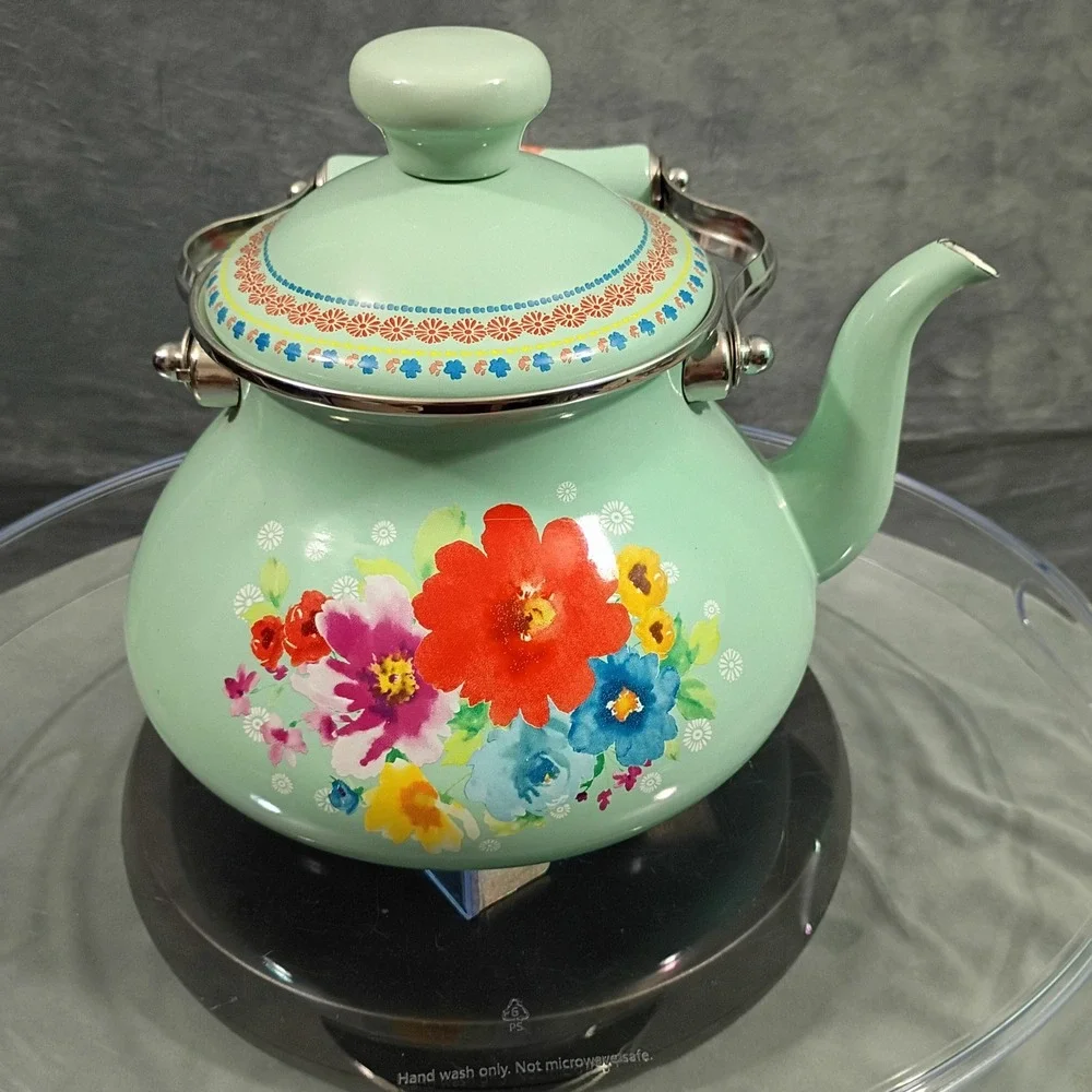Pioneer Woman Breezy Blossom Enamel on Steel Tea Kettle Mint Green Floral 1.9L